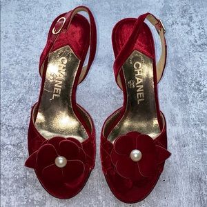 Chanel Red Camellia Velvet Heels